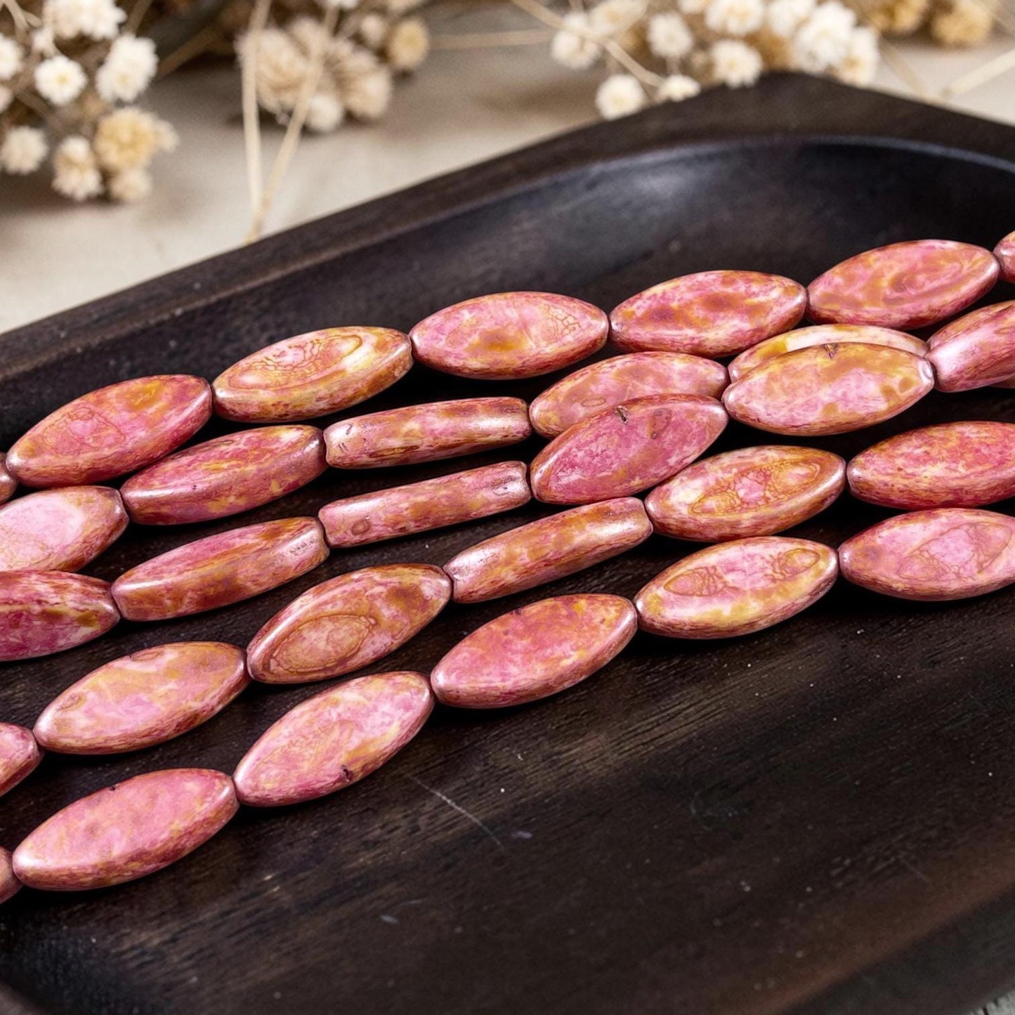 Czech Glass - 17x8mm Marquise Spindle Bead, Alabaster Rose Pink Picasso (PSpndl-13) * 8 Beads