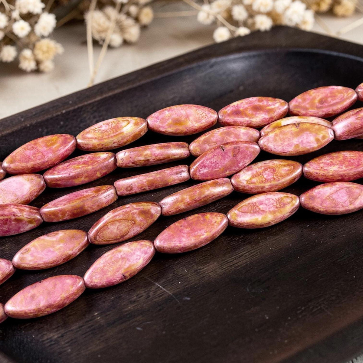 Czech Glass - 17x8mm Marquise Spindle Bead, Alabaster Rose Pink Picasso (PSpndl-13) * 8 Beads