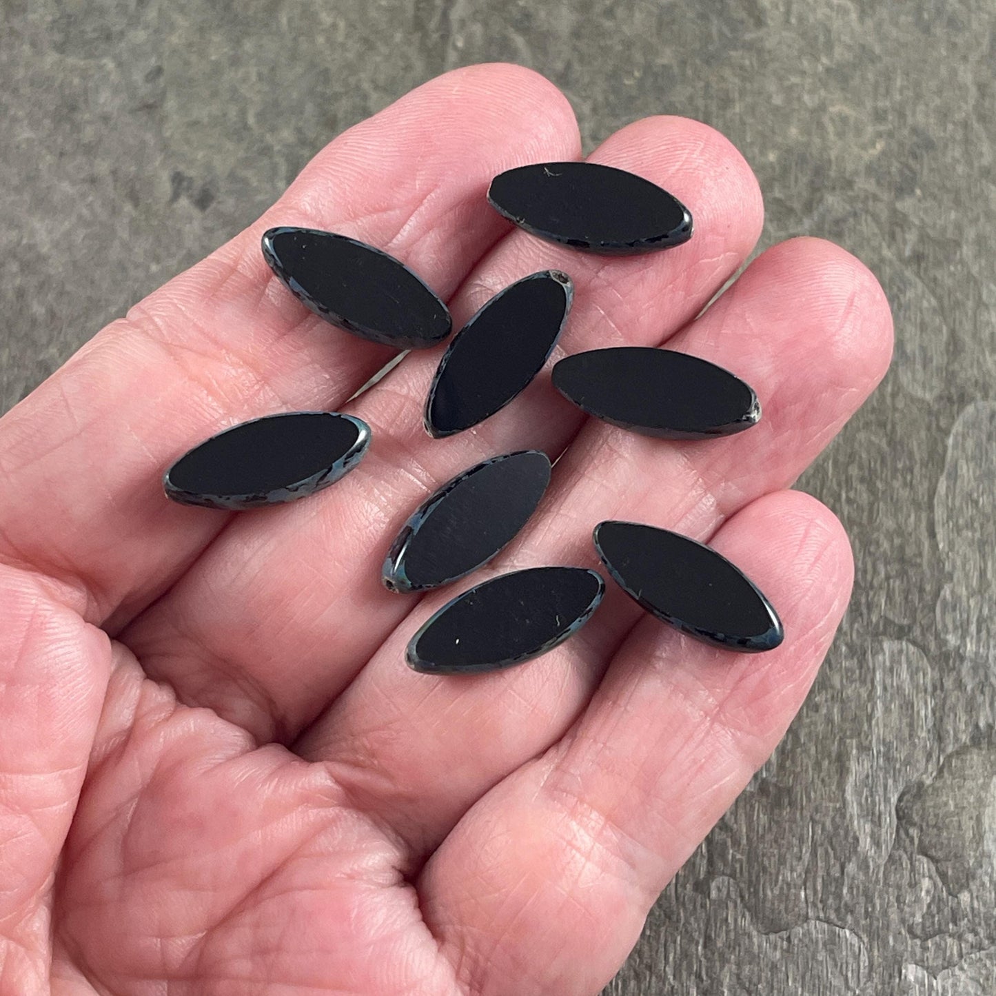 Czech Glass - 17x7mm Table Cut Marquise Spindle Bead, Black Picasso (Spndl-24) * 8 Beads