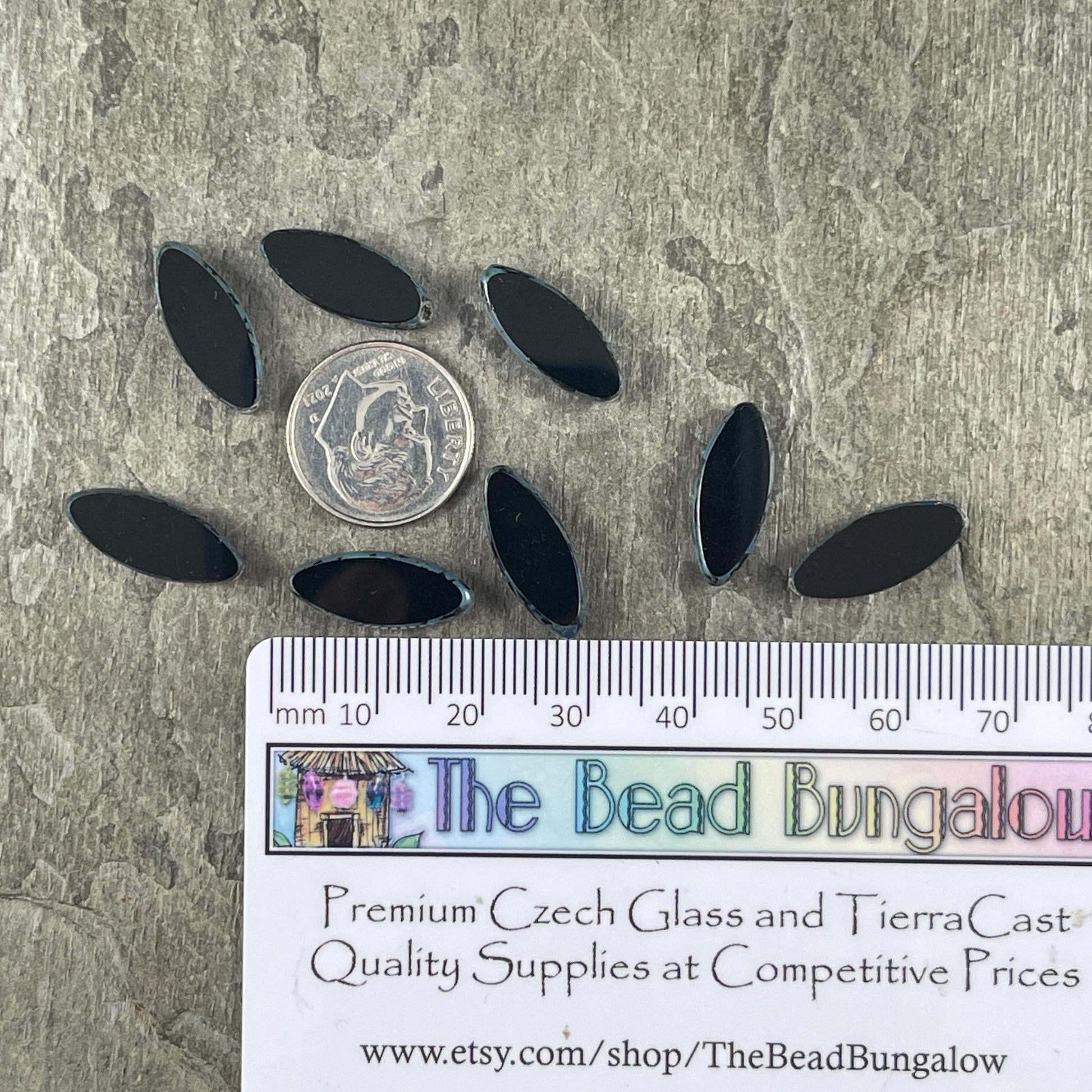 Czech Glass - 17x7mm Table Cut Marquise Spindle Bead, Black Picasso (Spndl-24) * 8 Beads