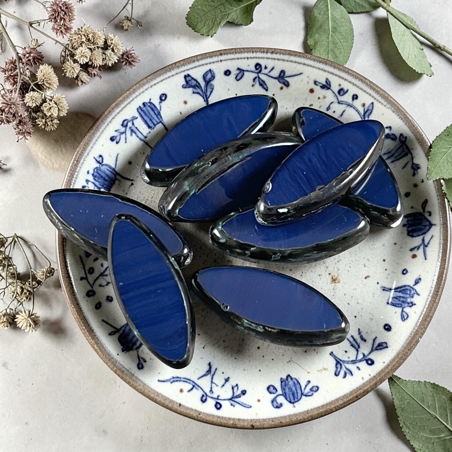 Czech Glass - 17x7mm Table Cut Marquise Spindle Bead, Navy Blue Picasso (Spndl-N) * 8 Beads