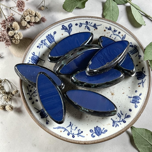 Czech Glass - 17x7mm Table Cut Marquise Spindle Bead, Navy Blue Picasso (Spndl-N) * 8 Beads