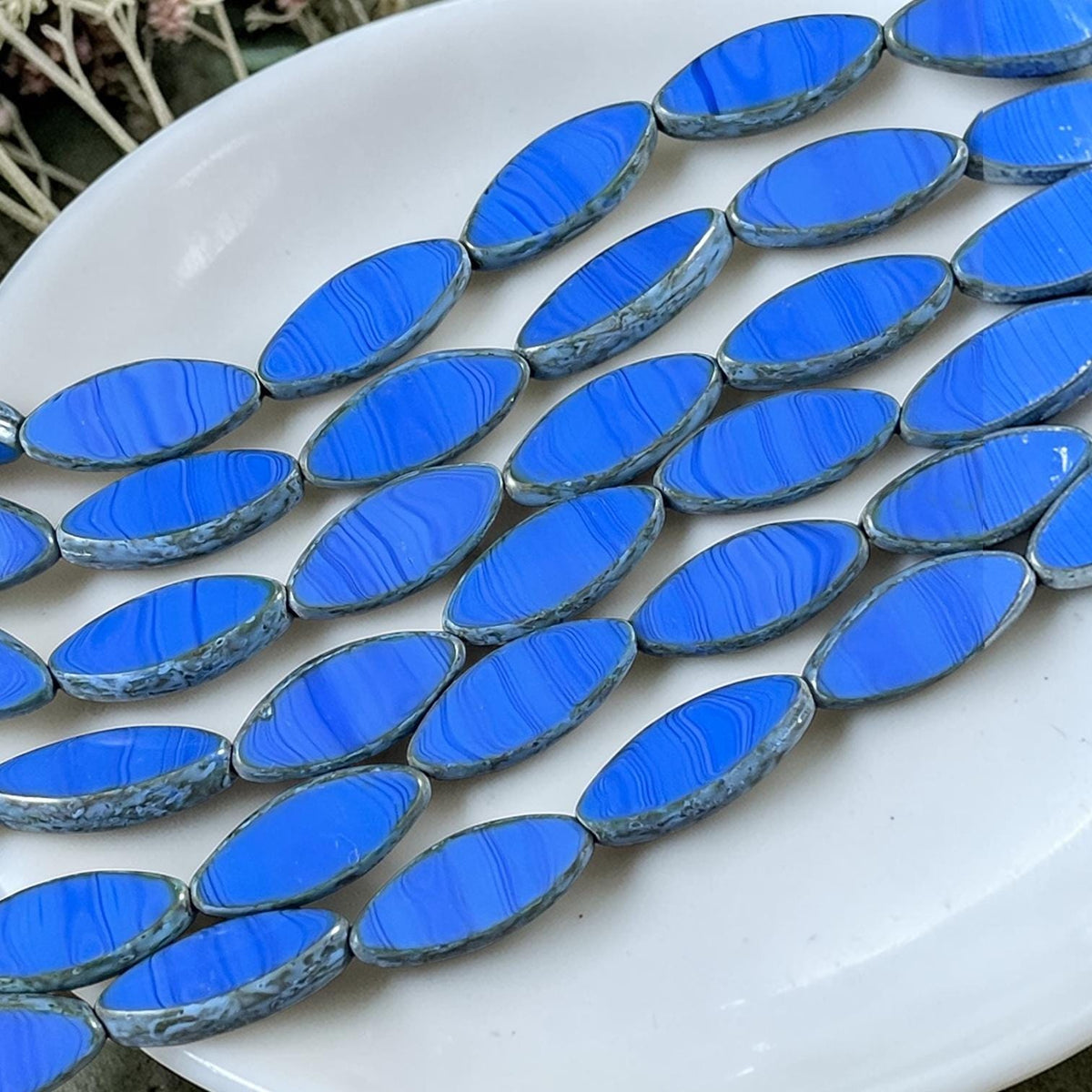Czech Glass - 17x7mm Table Cut Marquise Spindle Bead, Royal Blue Picasso (Spndl-28) * 8 Beads