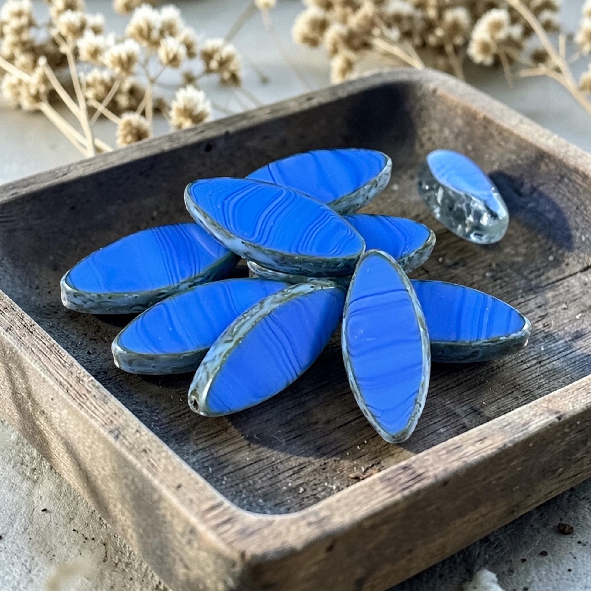 Czech Glass - 17x7mm Table Cut Marquise Spindle Bead, Royal Blue Picasso (Spndl-28) * 8 Beads