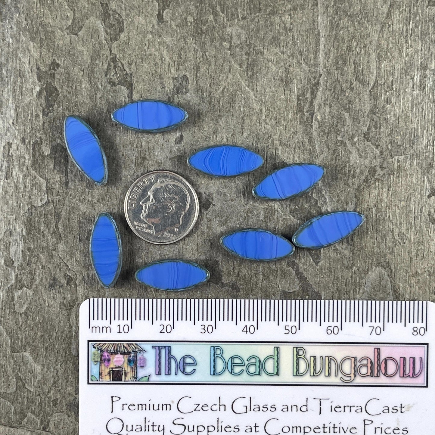 Czech Glass - 17x7mm Table Cut Marquise Spindle Bead, Royal Blue Picasso (Spndl-28) * 8 Beads