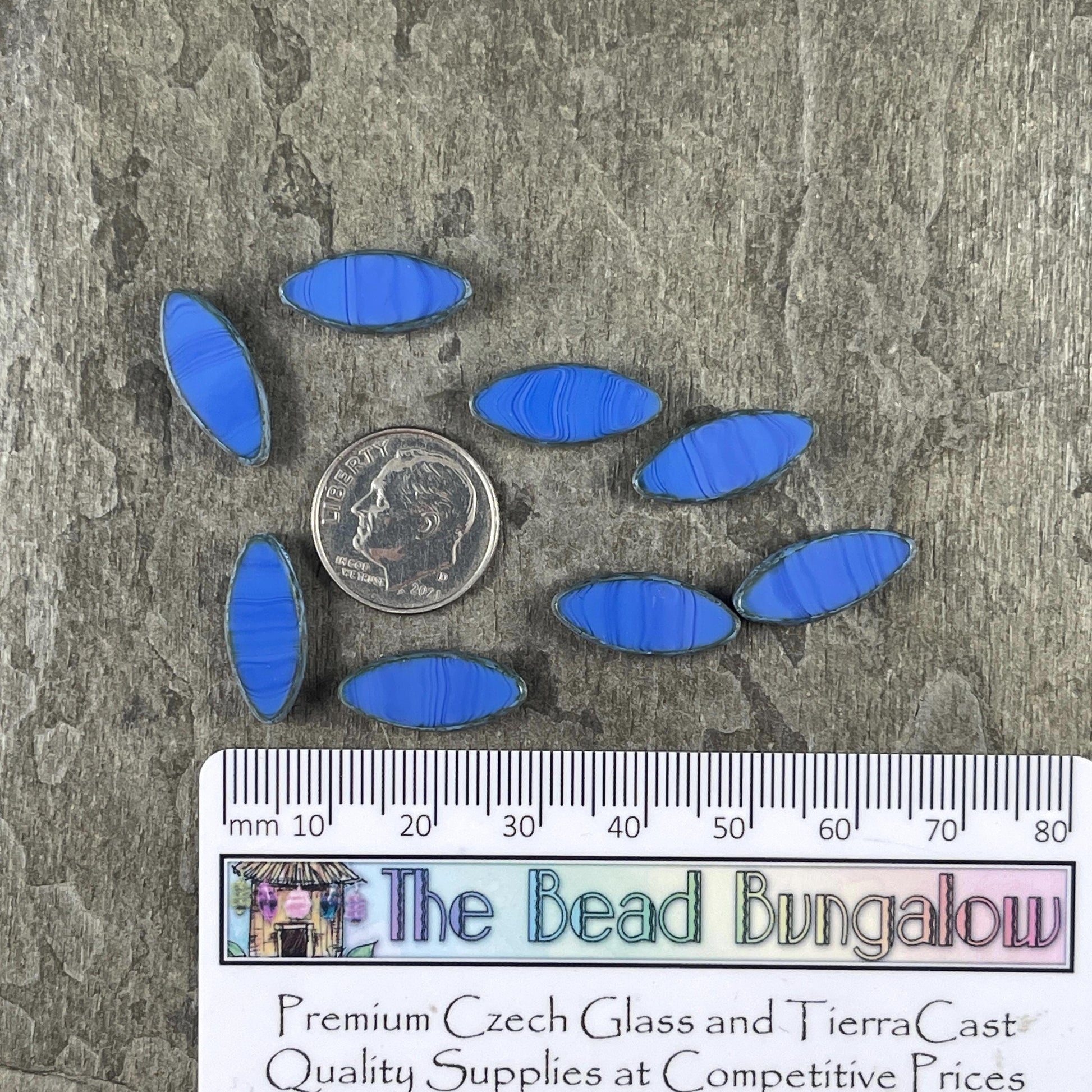 Czech Glass - 17x7mm Table Cut Marquise Spindle Bead, Royal Blue Picasso (Spndl-28) * 8 Beads