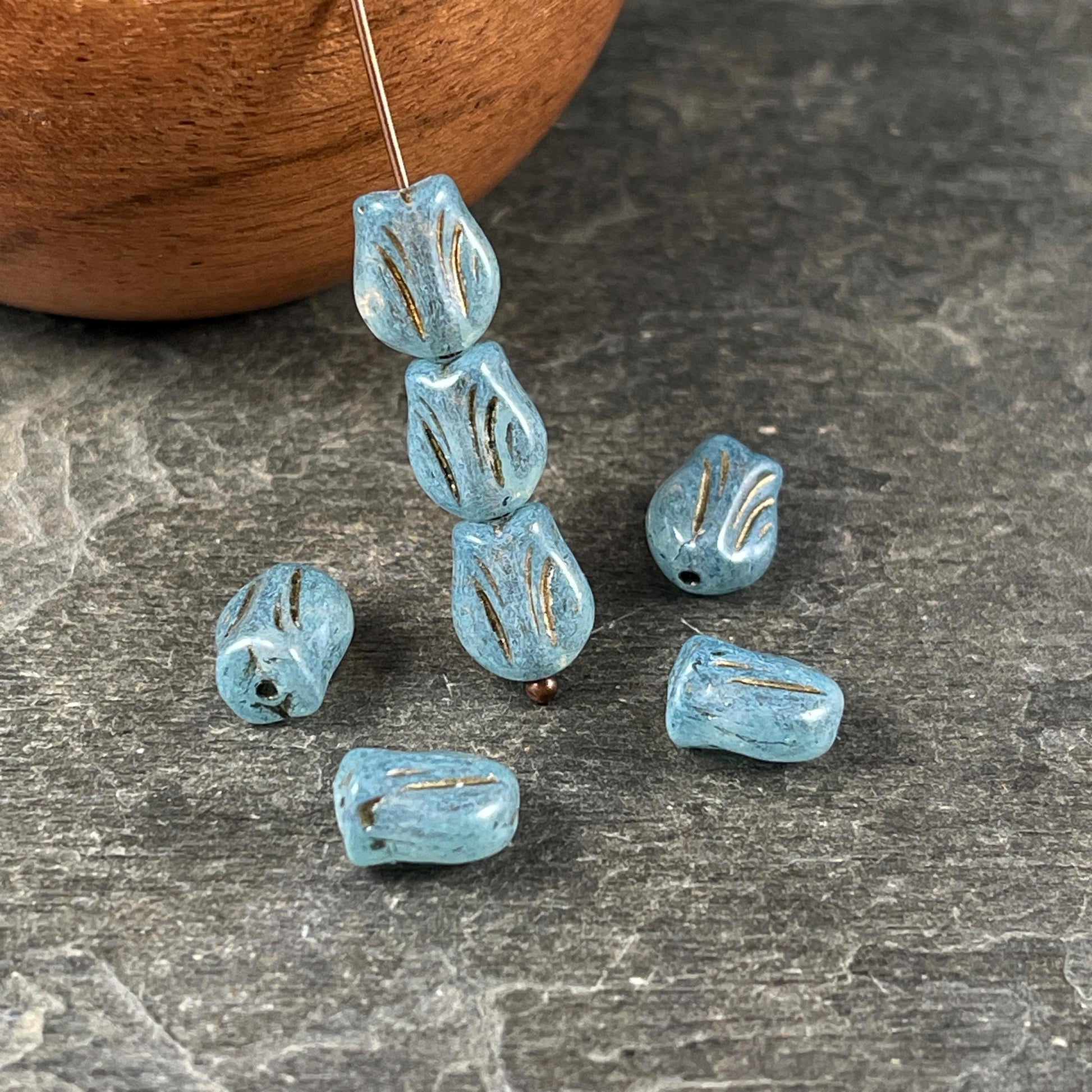 Czech Glass Beads - 9x7mm Mini Tulip Flower, Dusty Blue (MTul-9) * 16 Beads