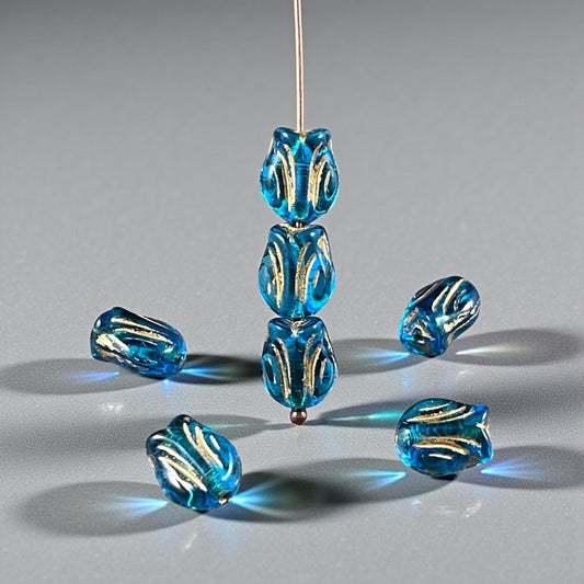 Czech Glass Beads - 9x7mm Mini Tulip Flower, Transparent Capri Blue (MTul-6) * 16 Beads