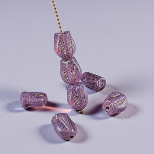 Czech Glass Beads - 9x7mm Mini Tulip Flower, Lavender (MTul-7) * 16 Beads