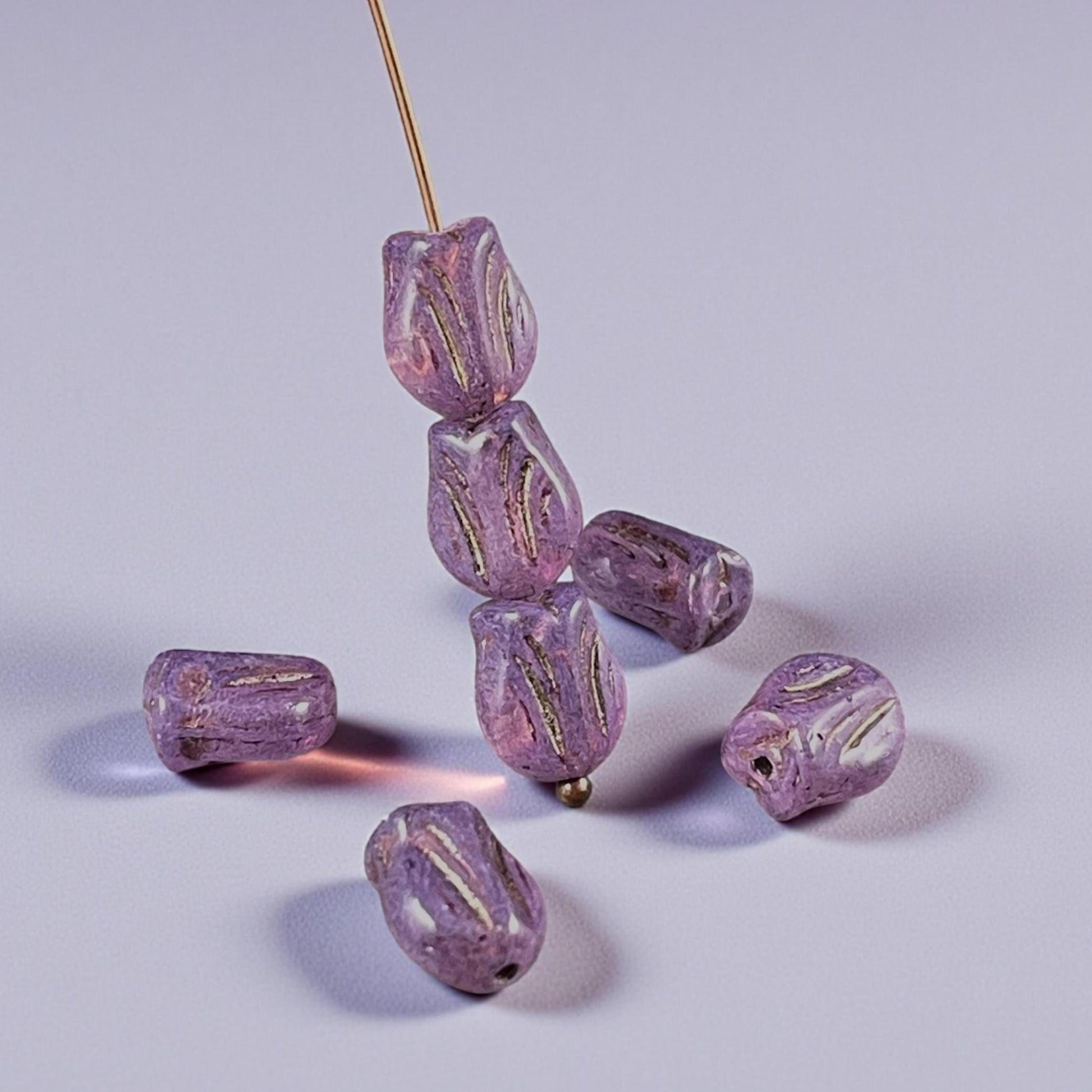 Czech Glass Beads - 9x7mm Mini Tulip Flower, Lavender (MTul-7) * 16 Beads