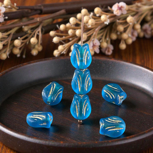 Czech Glass Beads - 9x7mm Mini Tulip Flower, Matte Capri Blue (MTul-8) * 16 Beads