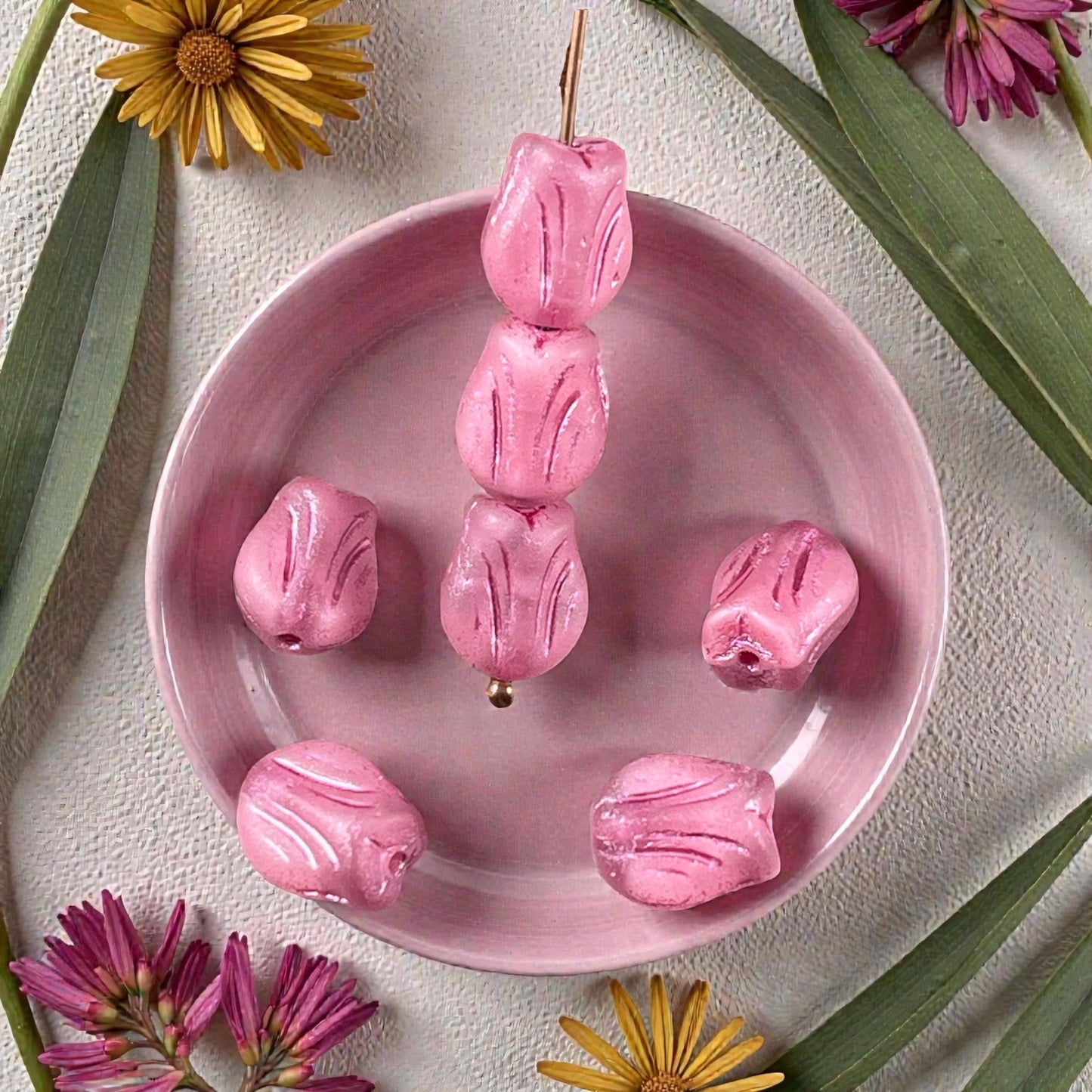 Czech Glass Beads - 9x7mm Mini Tulip Flower, Matte Bubblegum Pink (MTul-1) * 16 Beads