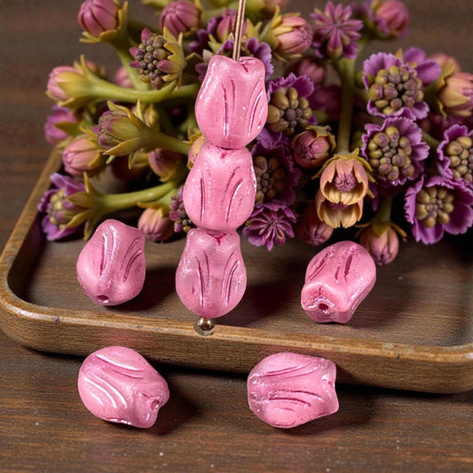 Czech Glass Beads - 9x7mm Mini Tulip Flower, Matte Bubblegum Pink (MTul-1) * 16 Beads