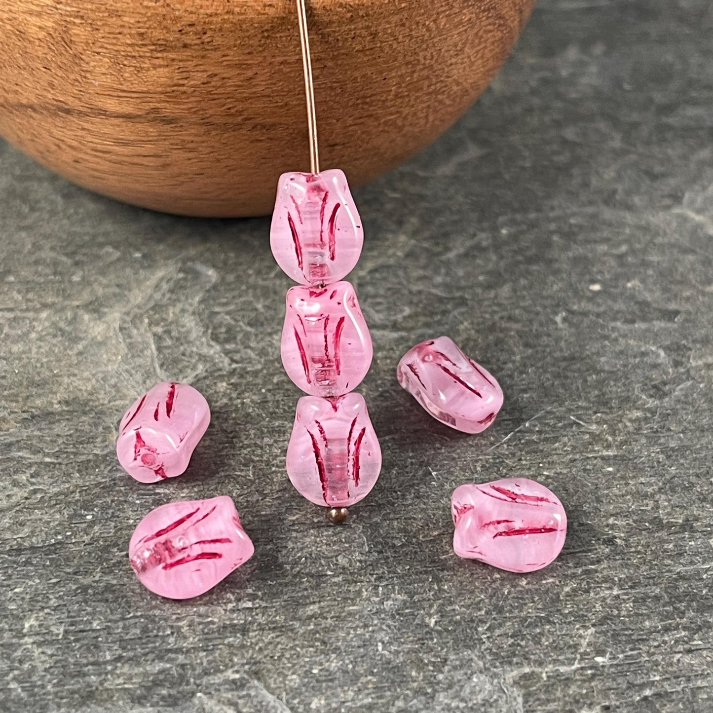 Czech Glass Beads - 9x7mm Mini Tulip Flower, Light Pink and Clear (MTul-2) * 16 Beads