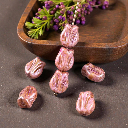 Czech Glass Beads - 9x7mm Mini Tulip Flower, Rose Gold Pink Picasso (MTul-5) * 16 Beads