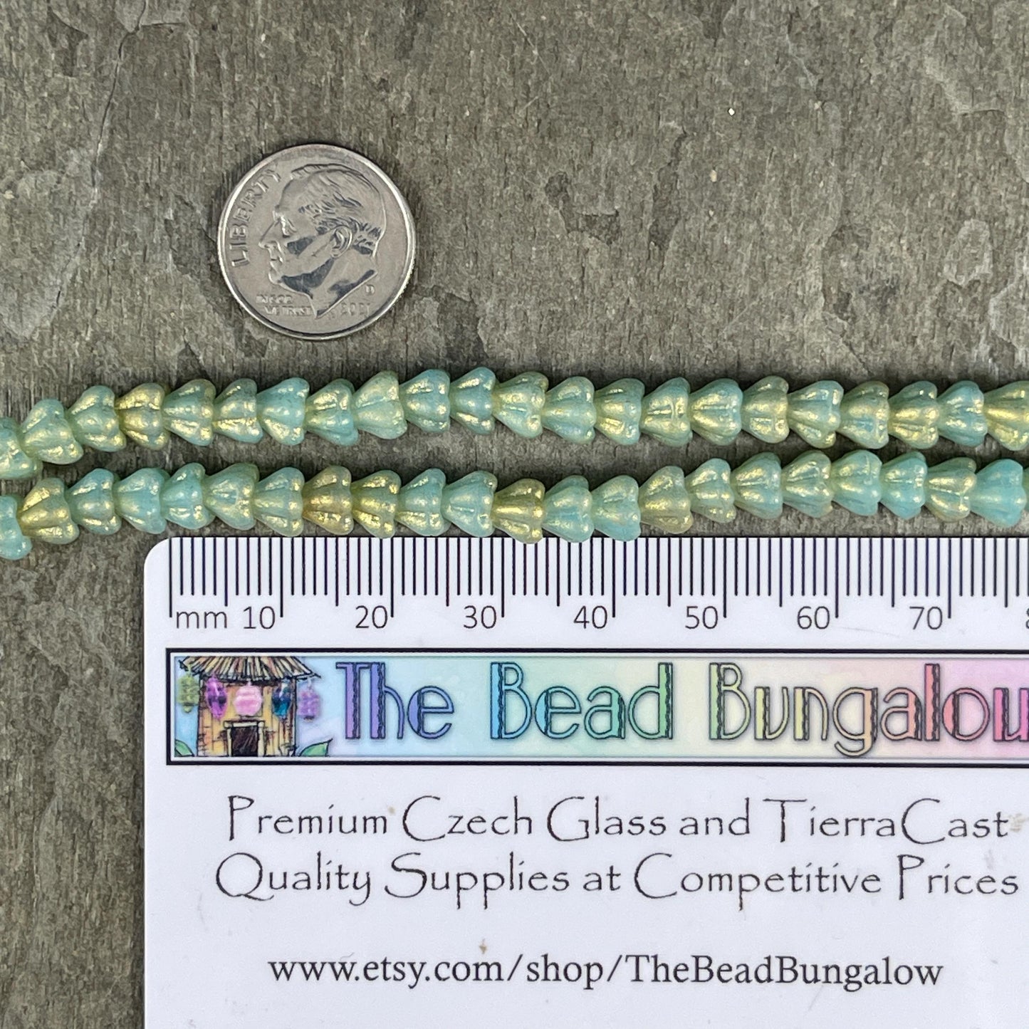 Czech Glass Beads - 6x4mm Baby Bell Flower, Matte Mint Blue with Gold Dust (BFlo-x2) * 30 Beads