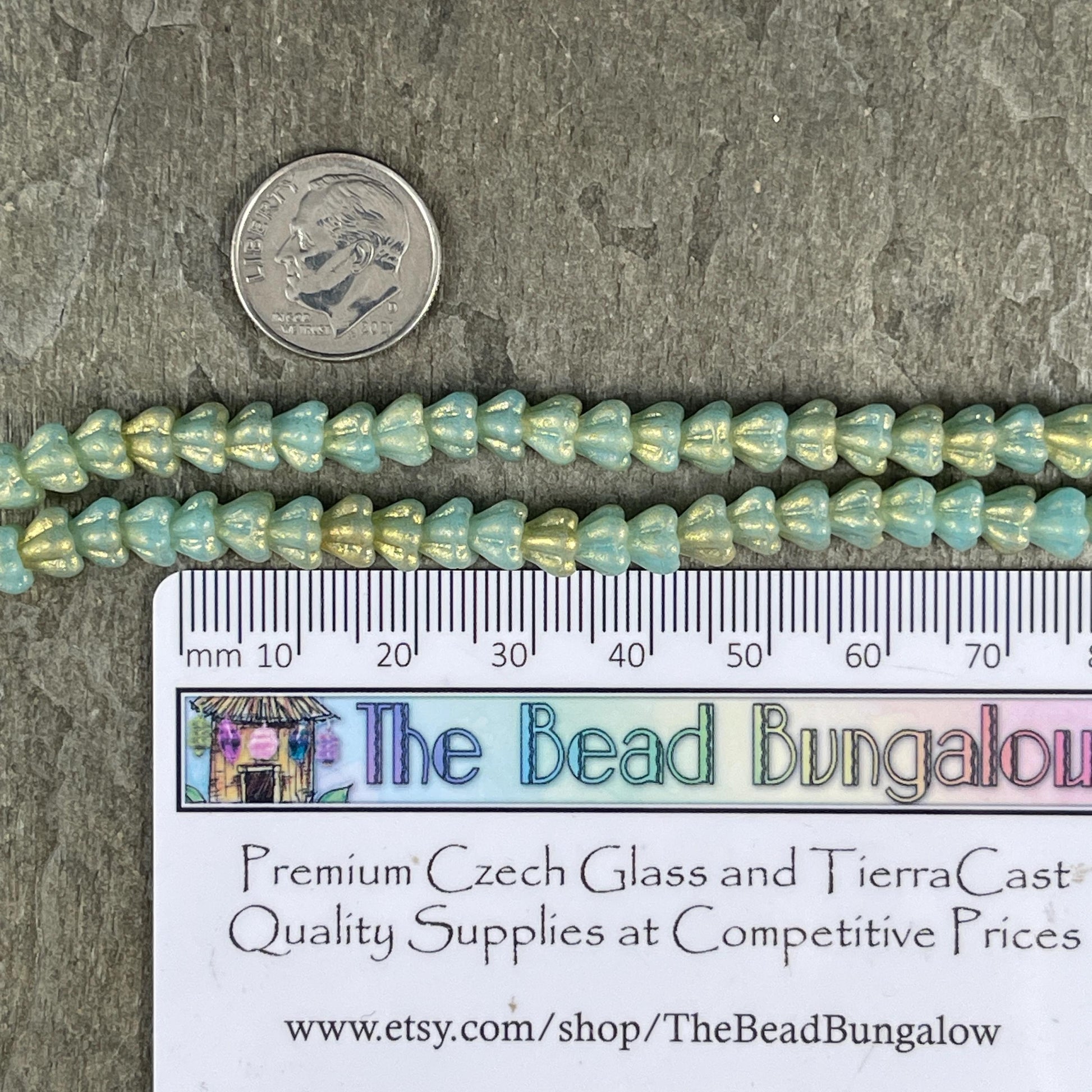 Czech Glass Beads - 6x4mm Baby Bell Flower, Matte Mint Blue with Gold Dust (BFlo-x2) * 30 Beads