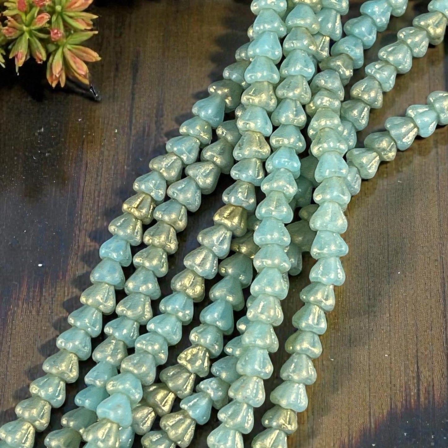 Czech Glass Beads - 6x4mm Baby Bell Flower, Matte Mint Blue with Gold Dust (BFlo-x2) * 30 Beads