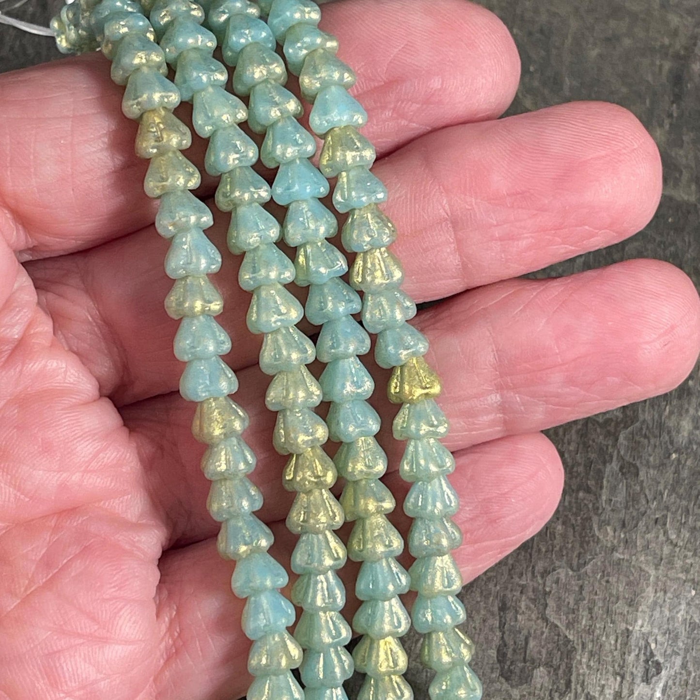 Czech Glass Beads - 6x4mm Baby Bell Flower, Matte Mint Blue with Gold Dust (BFlo-x2) * 30 Beads