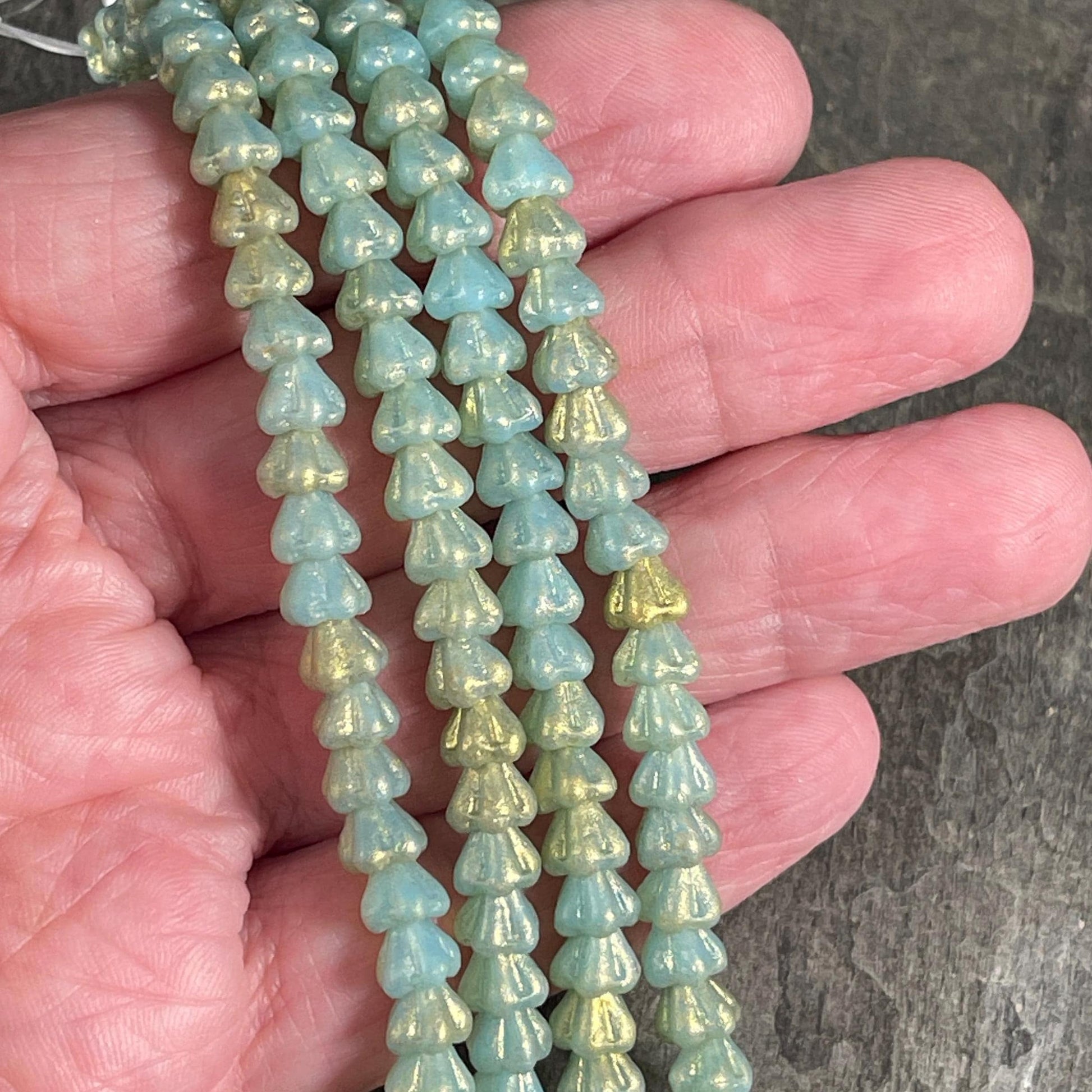 Czech Glass Beads - 6x4mm Baby Bell Flower, Matte Mint Blue with Gold Dust (BFlo-x2) * 30 Beads