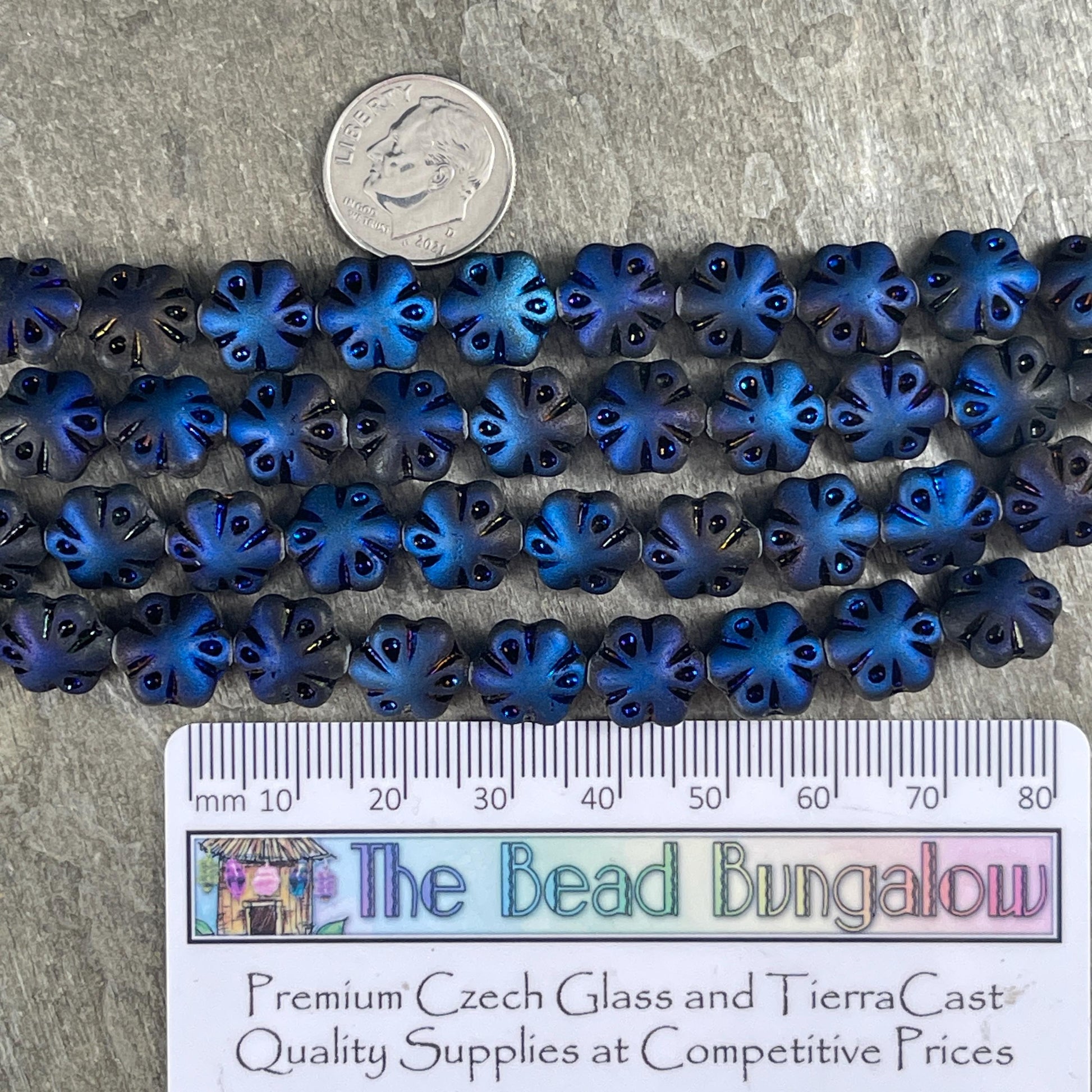 Czech Glass - 11mm Puffy Flower Bead, Matte Black and Blue Azuro (PFS3) * Qty. 10