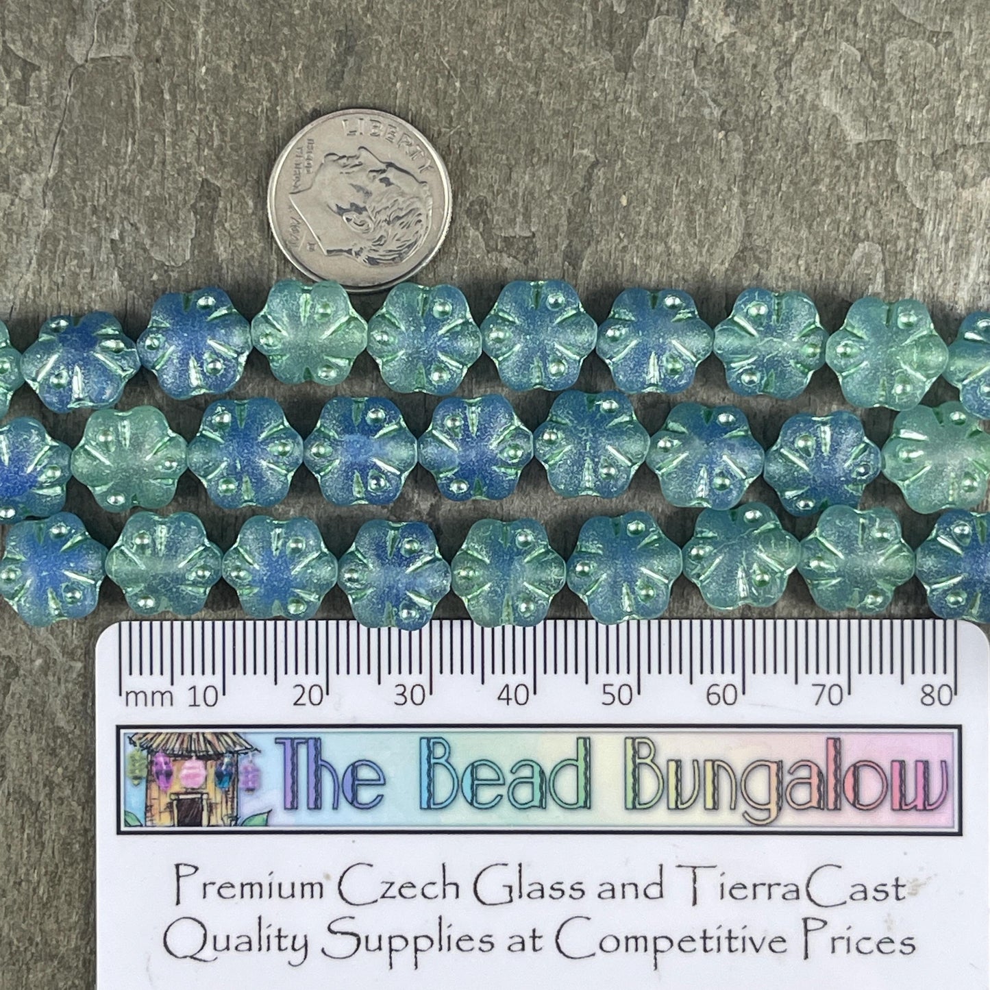 Czech Glass - 11mm Puffy Flower Bead, Matte Capri and Light Green (PFS3) * Qty. 10
