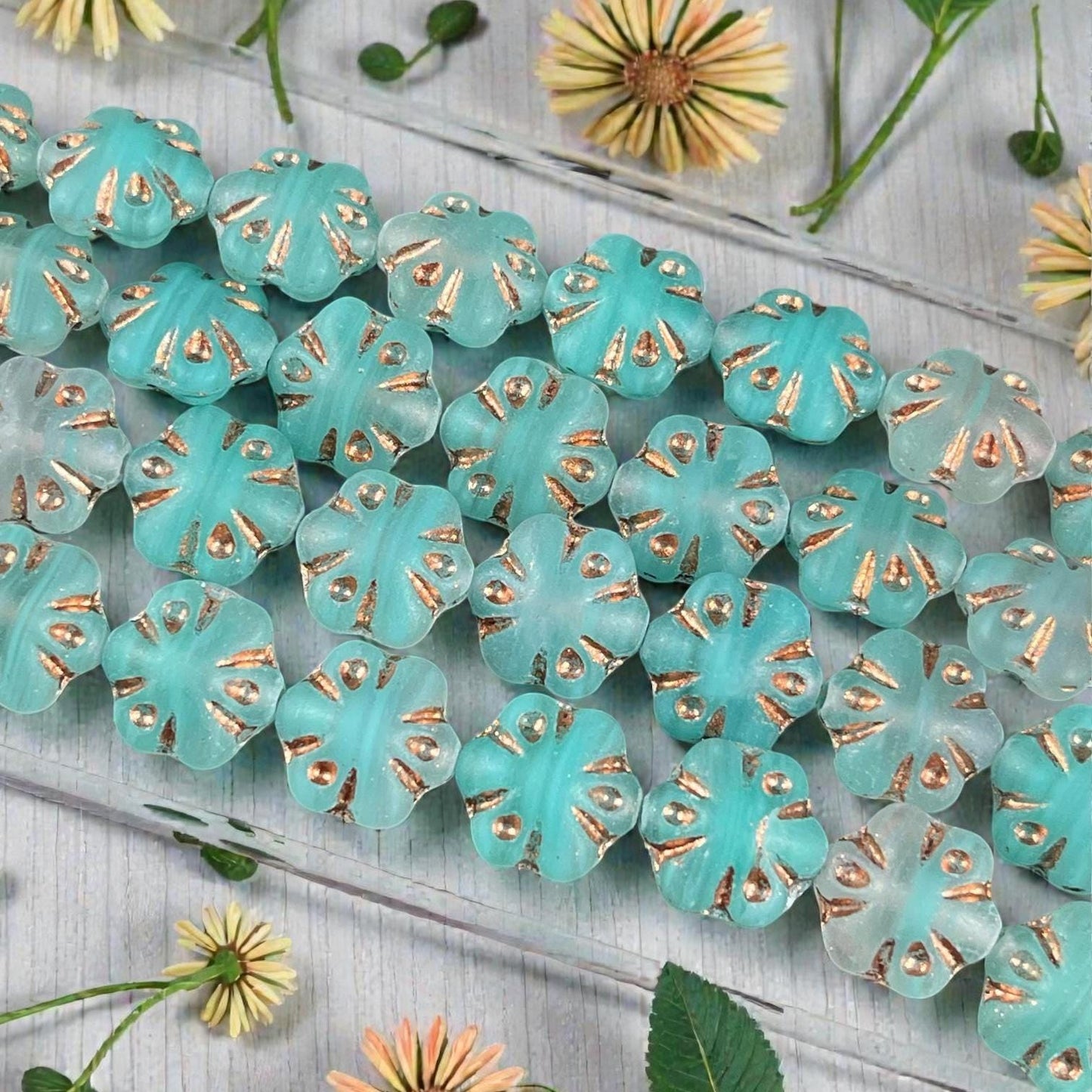 Czech Glass - 11mm Puffy Flower Bead, Clear and Jade Green (PFS4) * Qty. 10