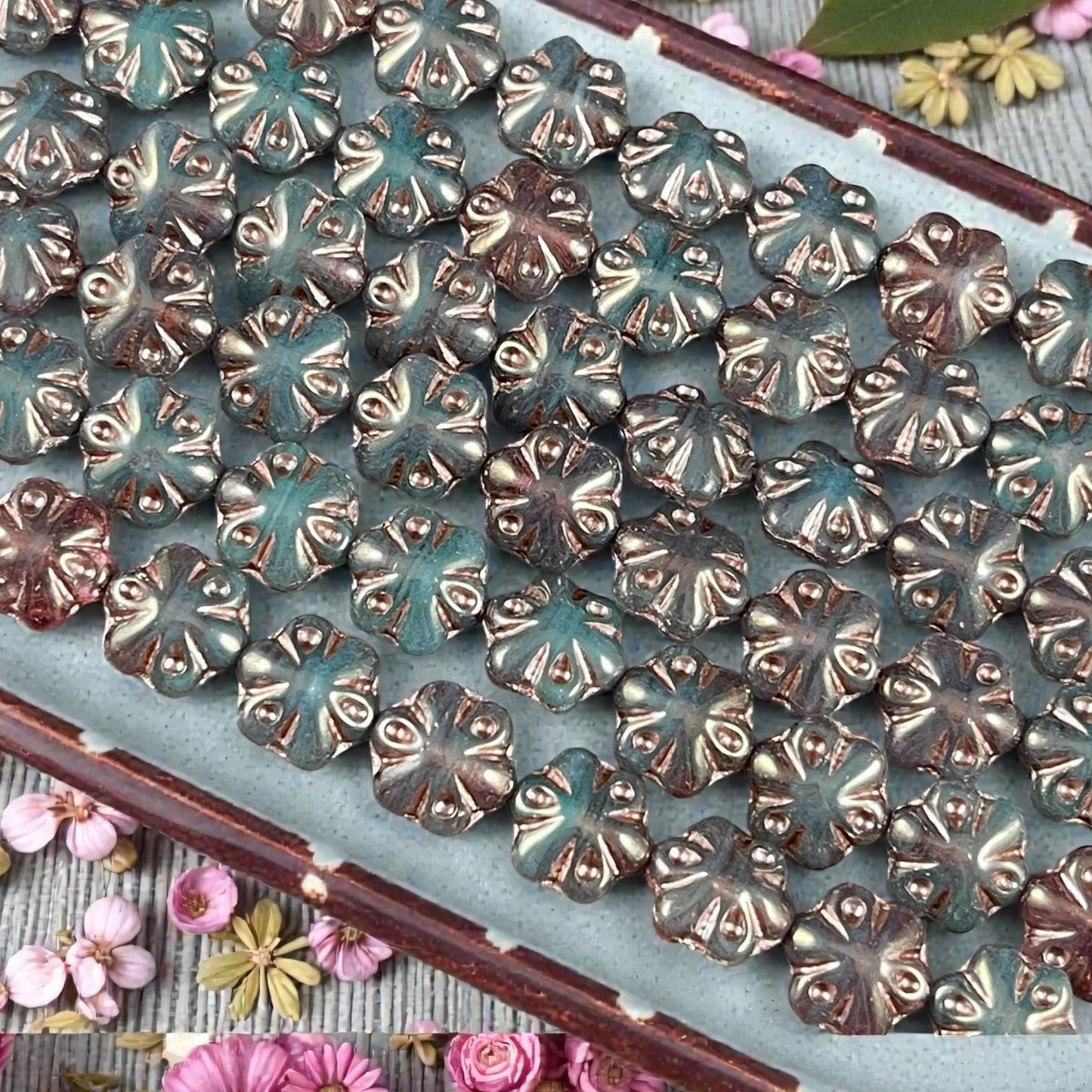 Czech Glass - 11mm Puffy Flower Bead, Dark Teal Green (PFS22) * Qty. 10