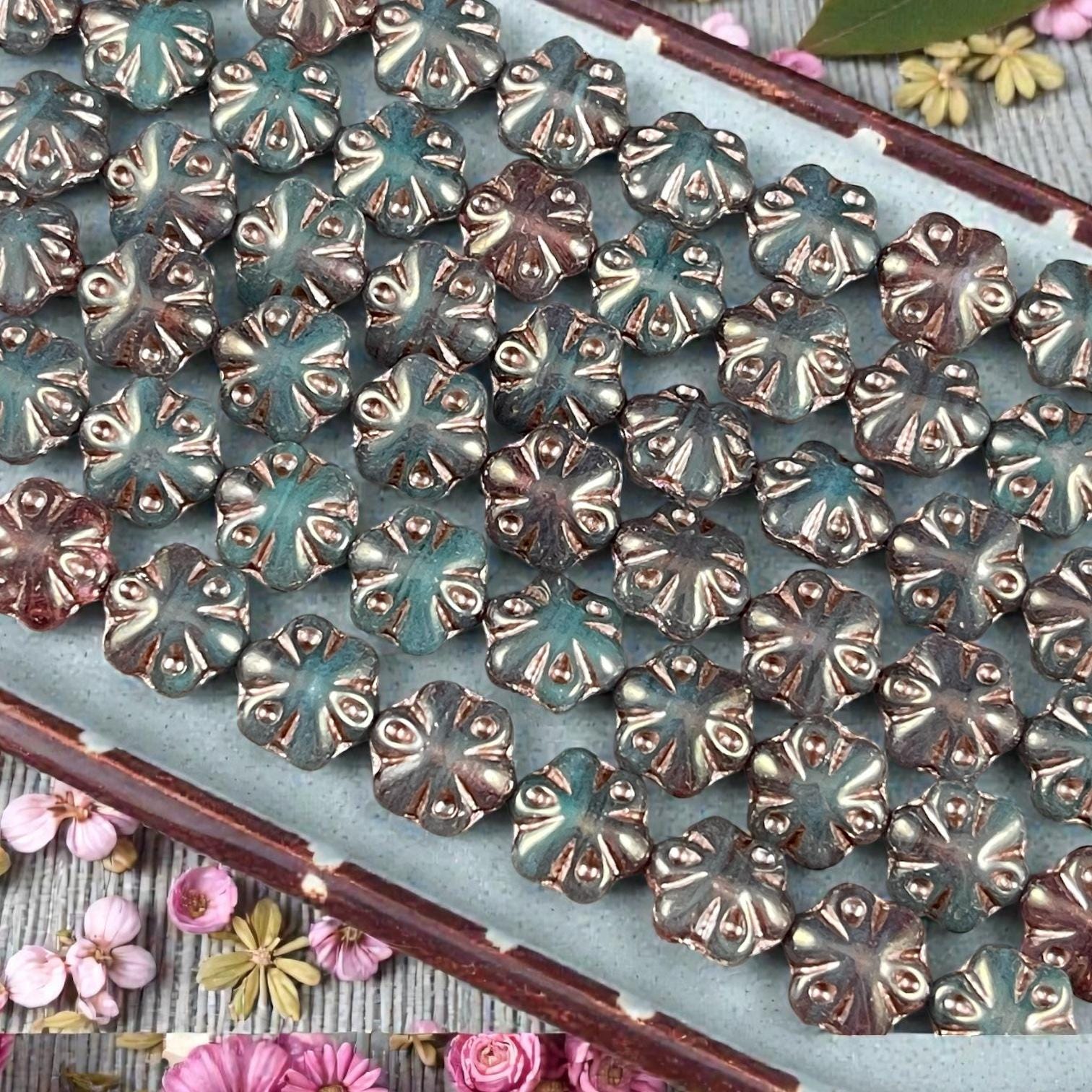 Czech Glass - 11mm Puffy Flower Bead, Dark Teal Green (PFS22) * Qty. 10