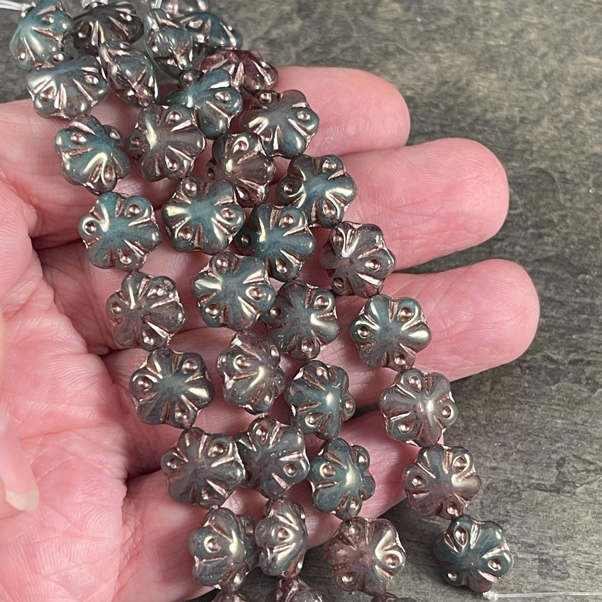 Czech Glass - 11mm Puffy Flower Bead, Dark Teal Green (PFS22) * Qty. 10