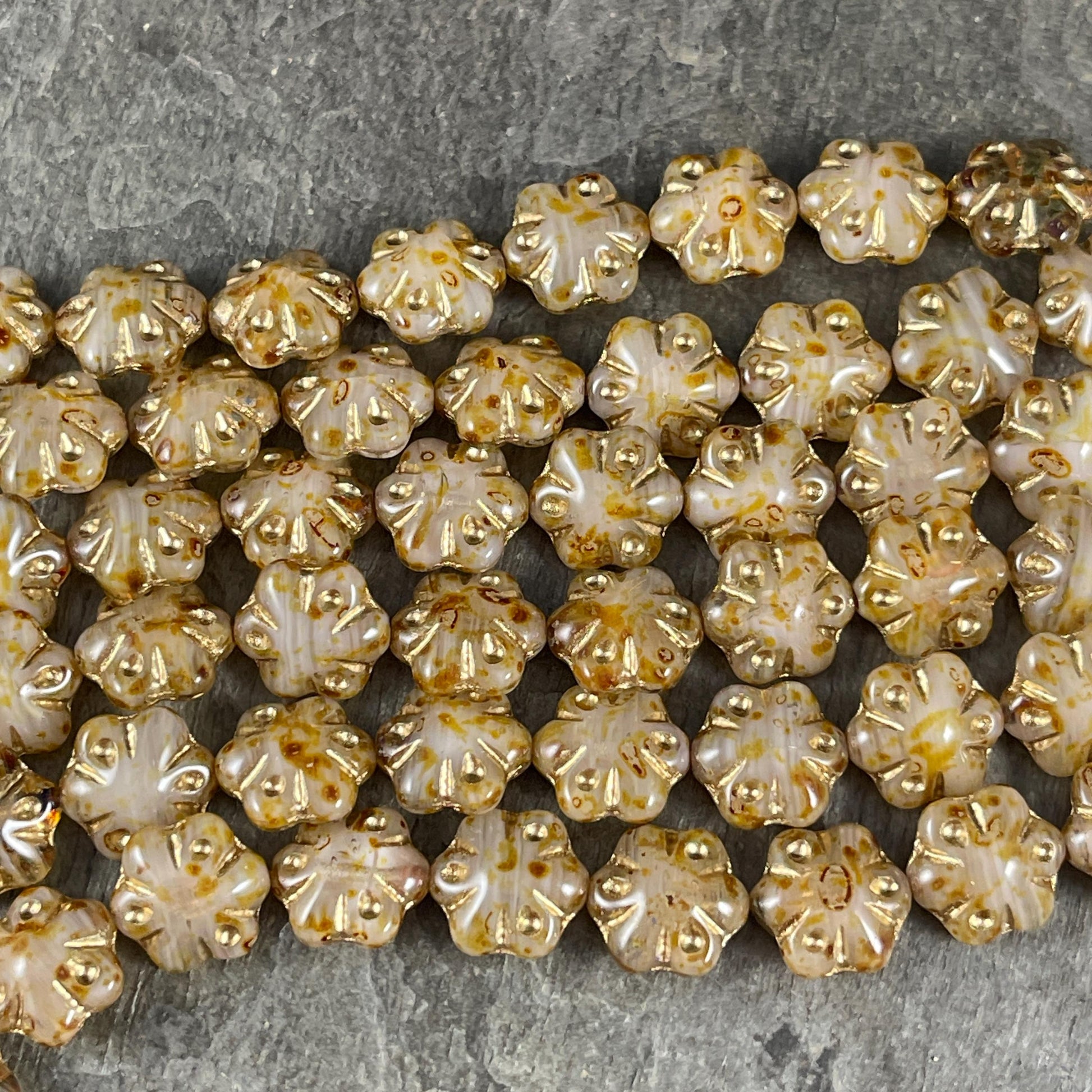 Czech Glass - 11mm Puffy Flower Bead, Beige Picasso and Gold (PFS31) * Qty. 10