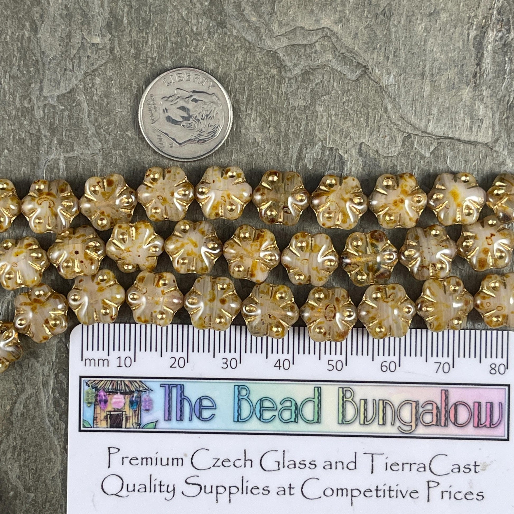 Czech Glass - 11mm Puffy Flower Bead, Beige Picasso and Gold (PFS31) * Qty. 10