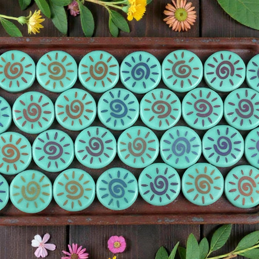 Czech Glass - 17mm Coin Bead, Turquoise with Laser Etched Abstract Sun (LTPG-234) * 8 Beads