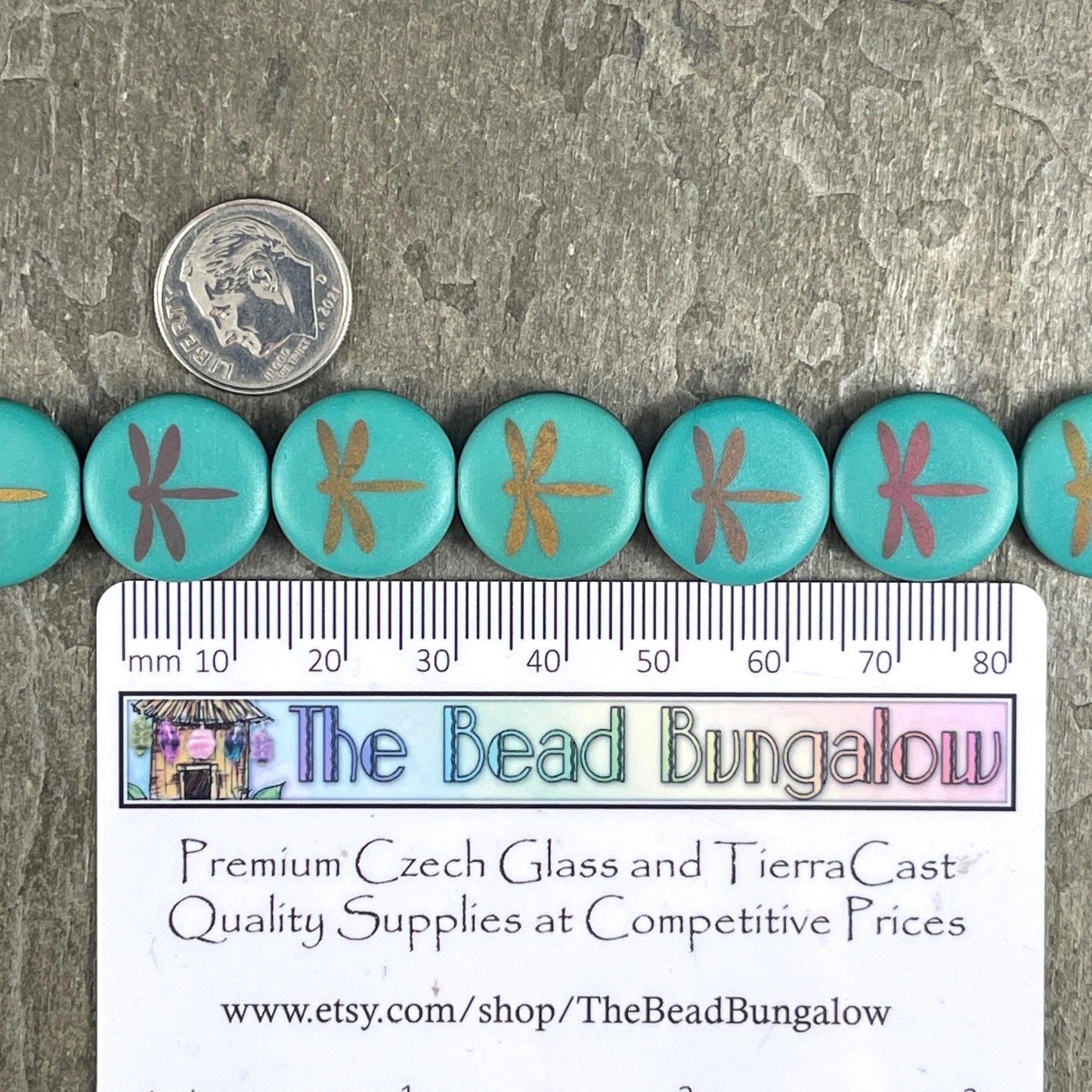 Czech Glass - 17mm Coin Bead, Turquoise with Laser Etched Dragonfly (LTPG-D2) * 8 Beads
