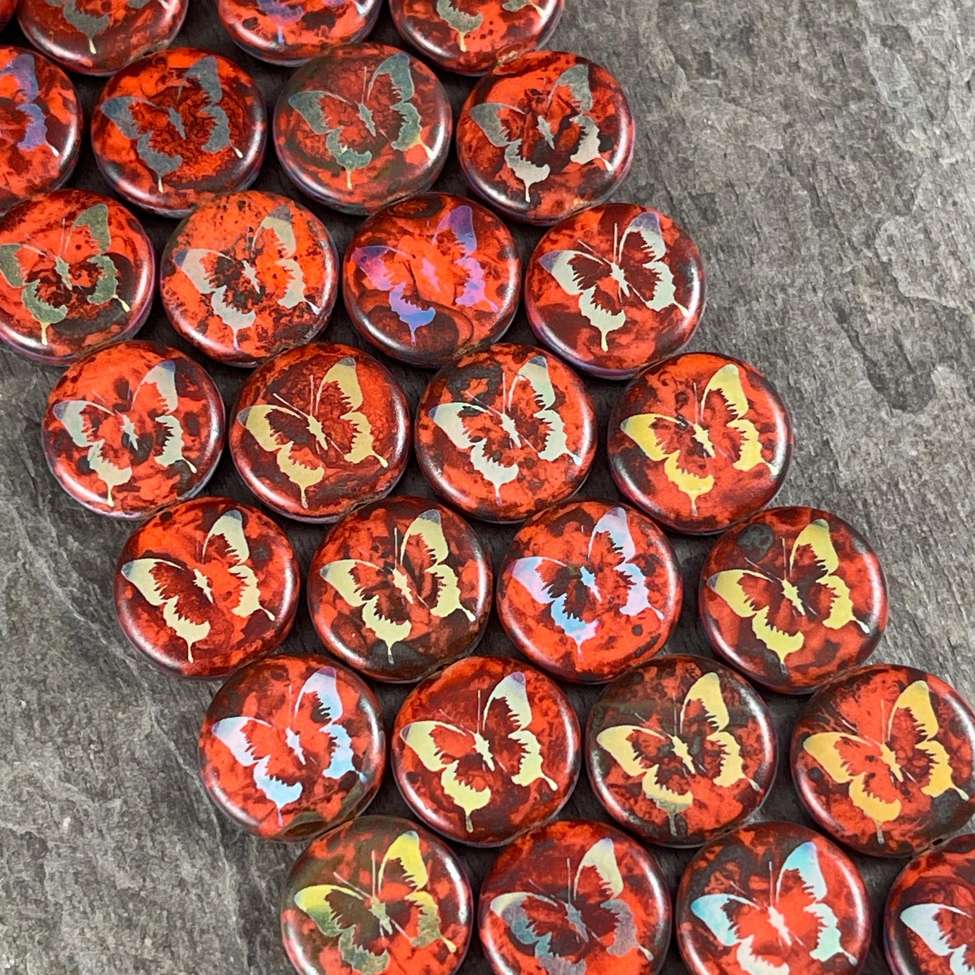 Czech Glass - 14mm Coin Bead, Orange Picasso with Laser Etched Butterfly (LTPG-502) * 8 Beads