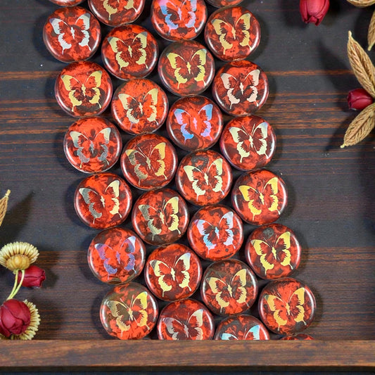 Czech Glass - 14mm Coin Bead, Orange Picasso with Laser Etched Butterfly (LTPG-502) * 8 Beads