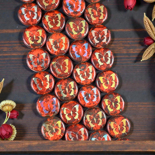 Czech Glass - 14mm Coin Bead, Orange Picasso with Laser Etched Butterfly (LTPG-502) * 8 Beads