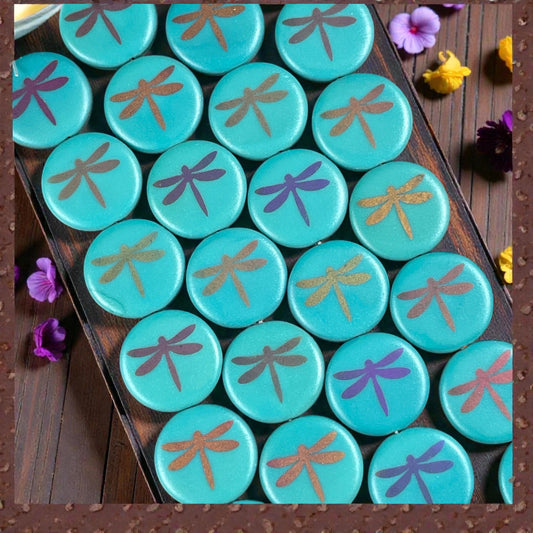 Czech Glass - 17mm Coin Bead, Turquoise with Laser Etched Dragonfly (LTPG-D2) * 8 Beads