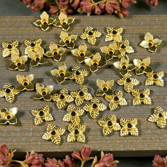 Tibetan Style Bead Caps - 4-Petal Leaf Design, Gold (Q018-G) * 200 Bead Caps