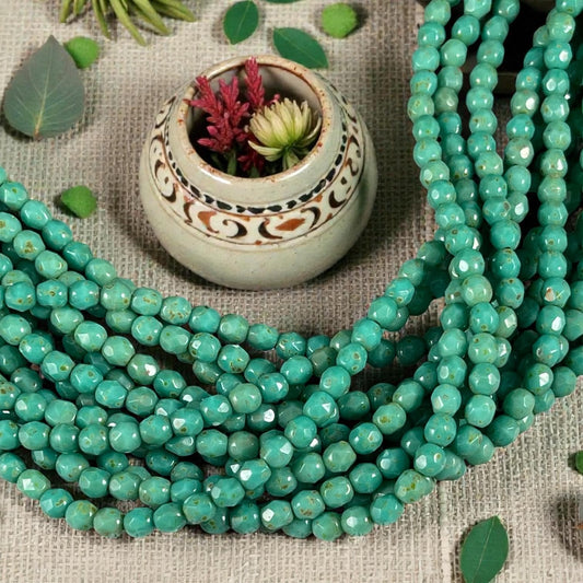 Czech Glass Beads - 4mm Faceted Round, Dark Turquoise Green (FP4/TG) * Qty. 50