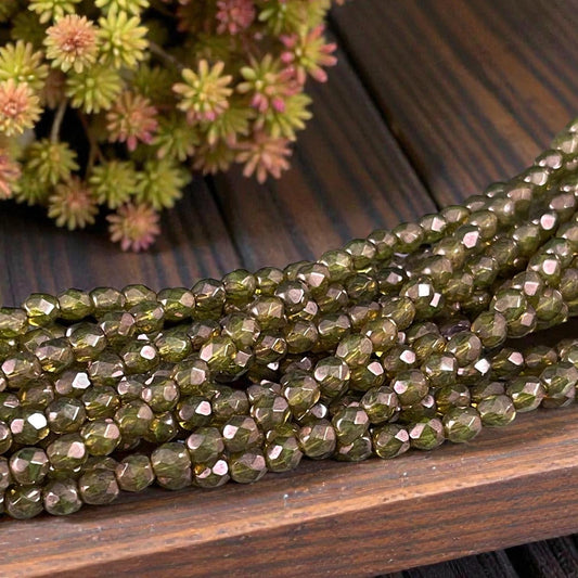 Czech Glass Beads - 4mm Faceted Round, Transparent Olive Green with AB (FP4/OT) * Qty. 50