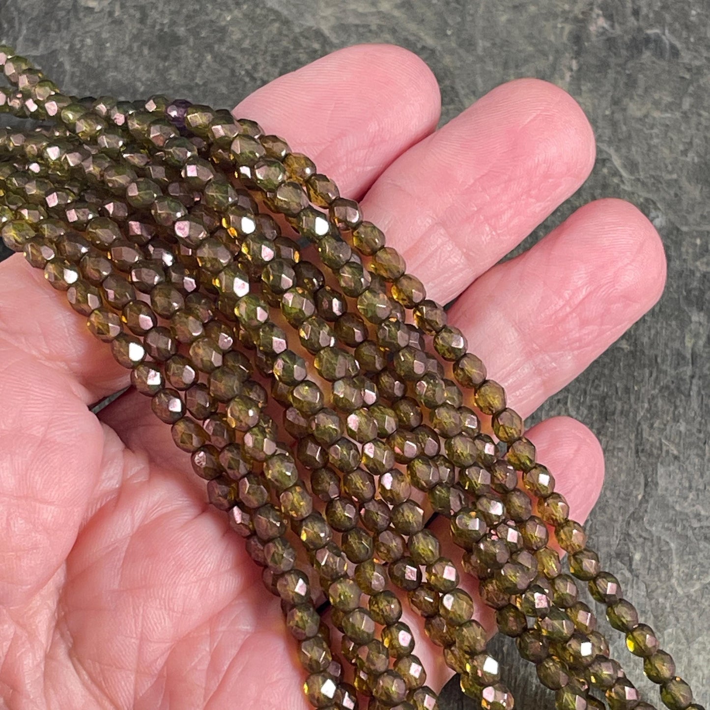 Czech Glass Beads - 4mm Faceted Round, Transparent Olive Green with AB (FP4/OT) * Qty. 50