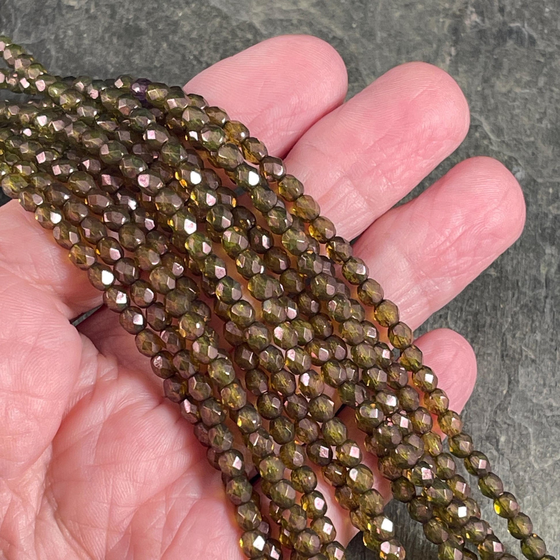 Czech Glass Beads - 4mm Faceted Round, Transparent Olive Green with AB (FP4/OT) * Qty. 50