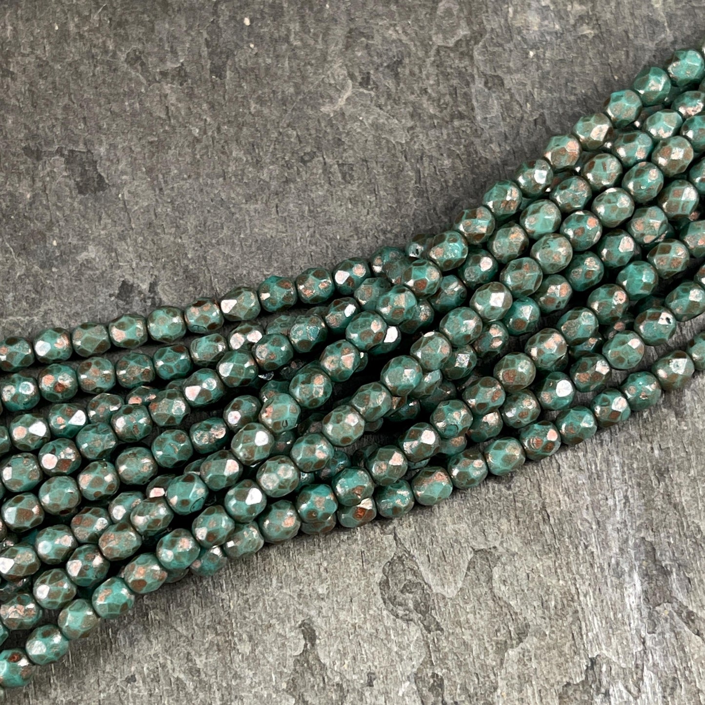 Czech Glass Beads - 4mm Faceted Round, Turquoise Green with Copper Picasso (FP4/TP) * Qty. 50