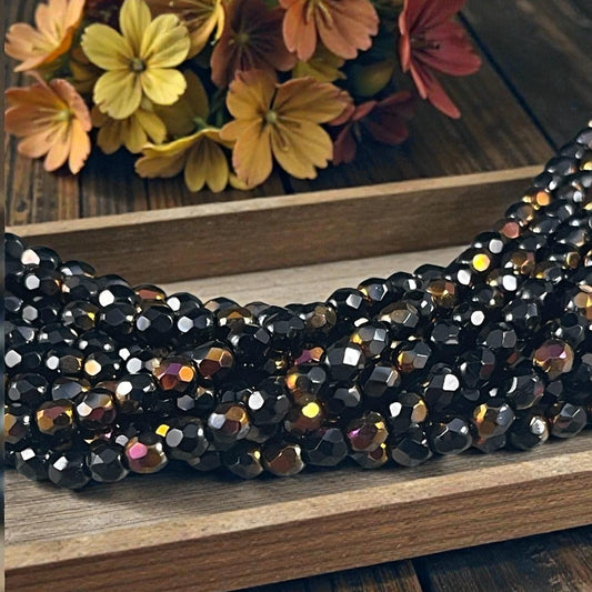 Czech Glass Beads - 4mm Faceted Round, Black with Metallic Half-Coat (FP4/BC) * Qty. 50