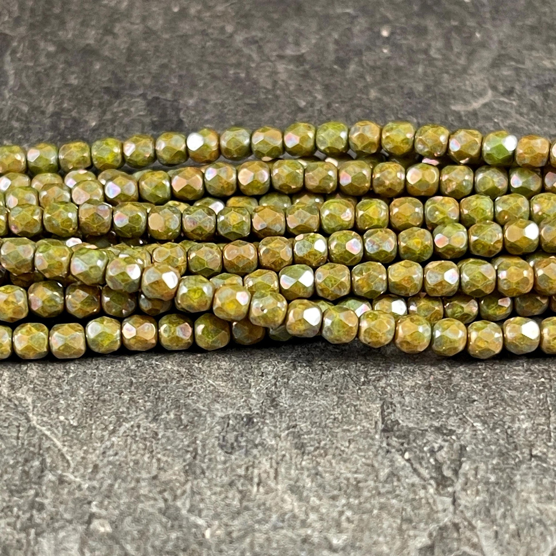 Czech Glass Beads - 3mm Faceted Round, Opaque Olive Green Luster (FP3/OL) * Qty. 50