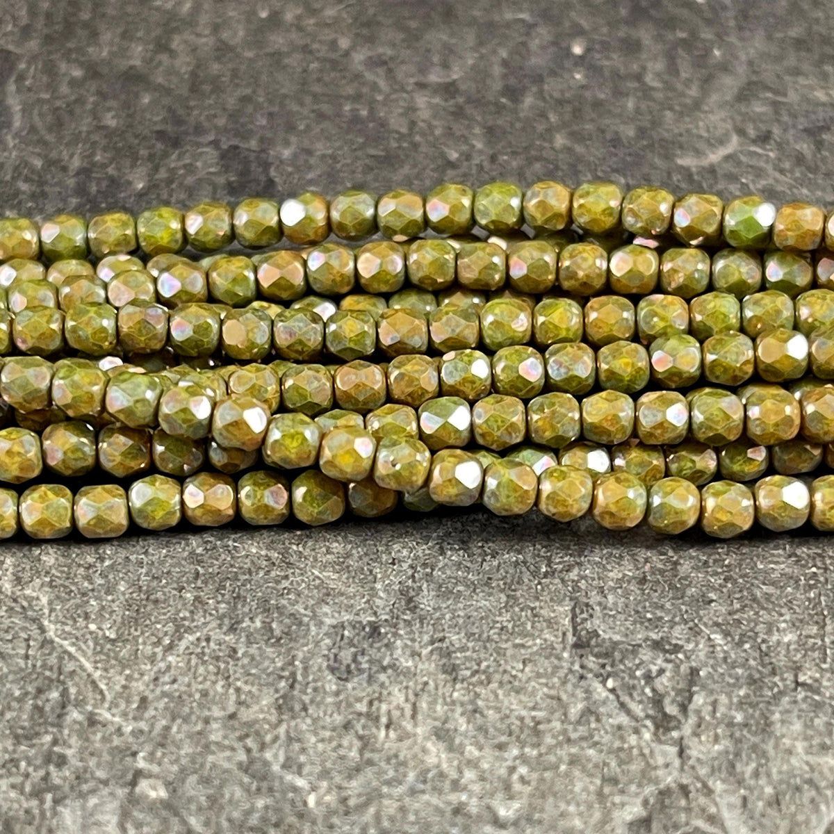 Czech Glass Beads - 3mm Faceted Round, Opaque Olive Green Luster (FP3/OL) * Qty. 50