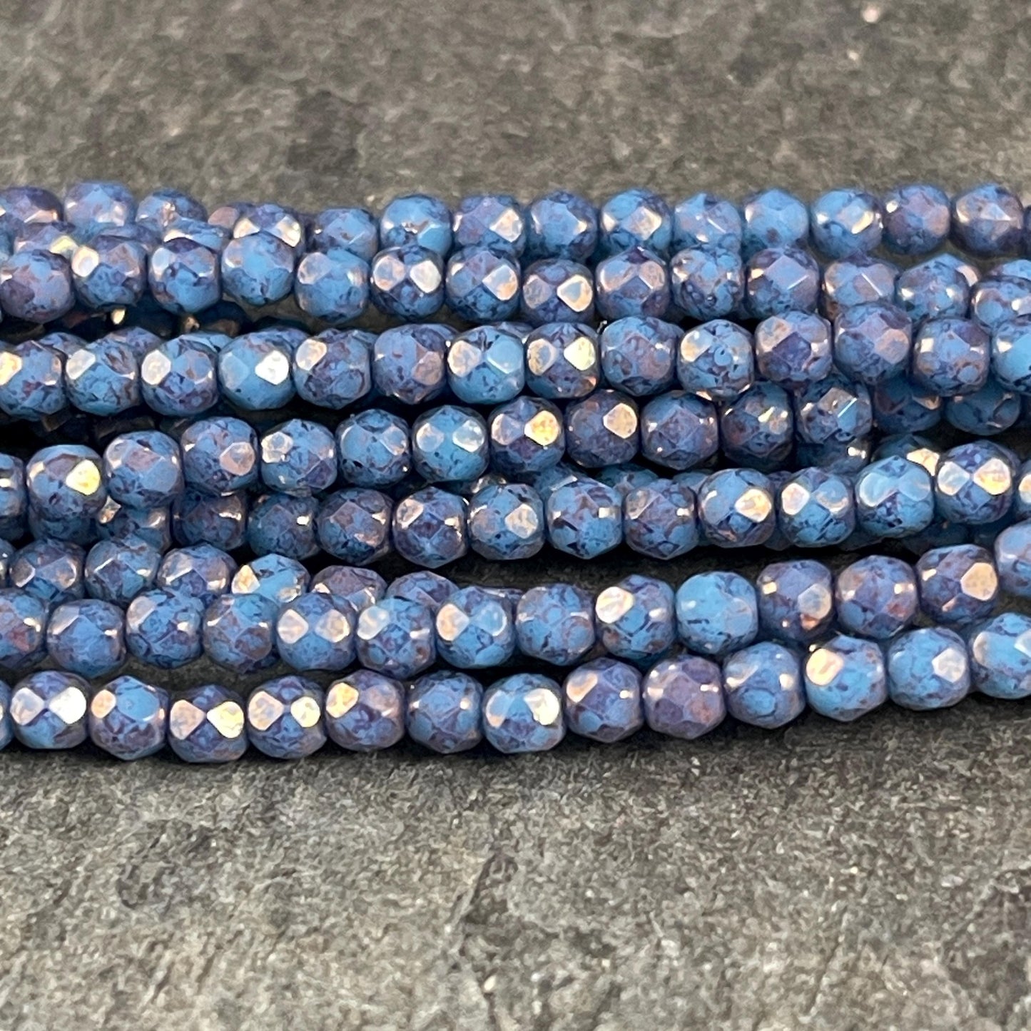 Czech Glass Beads - 3mm Faceted Round, Denim Blue with Indigo Picasso (FP3/IN) * Qty. 50