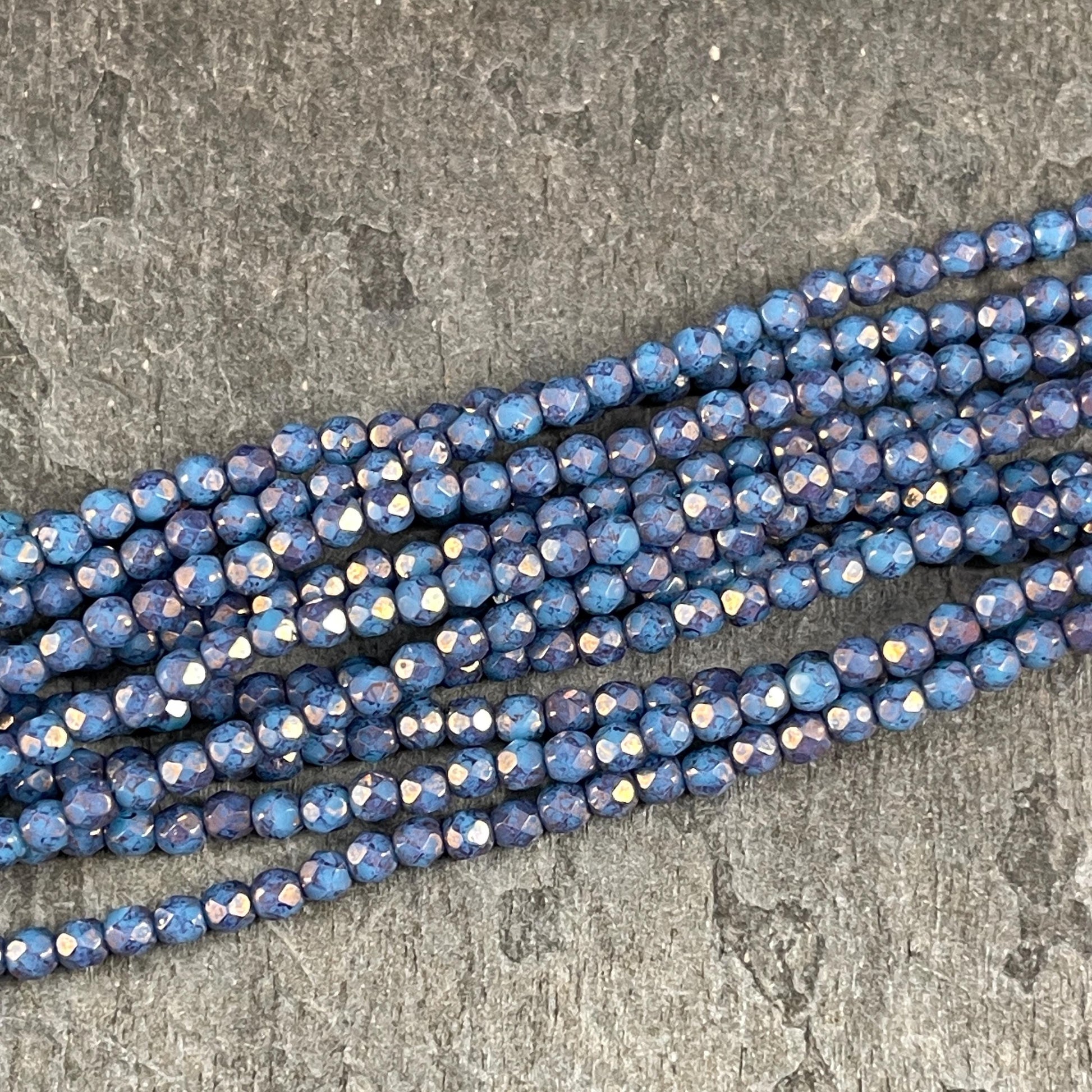 Czech Glass Beads - 3mm Faceted Round, Denim Blue with Indigo Picasso (FP3/IN) * Qty. 50