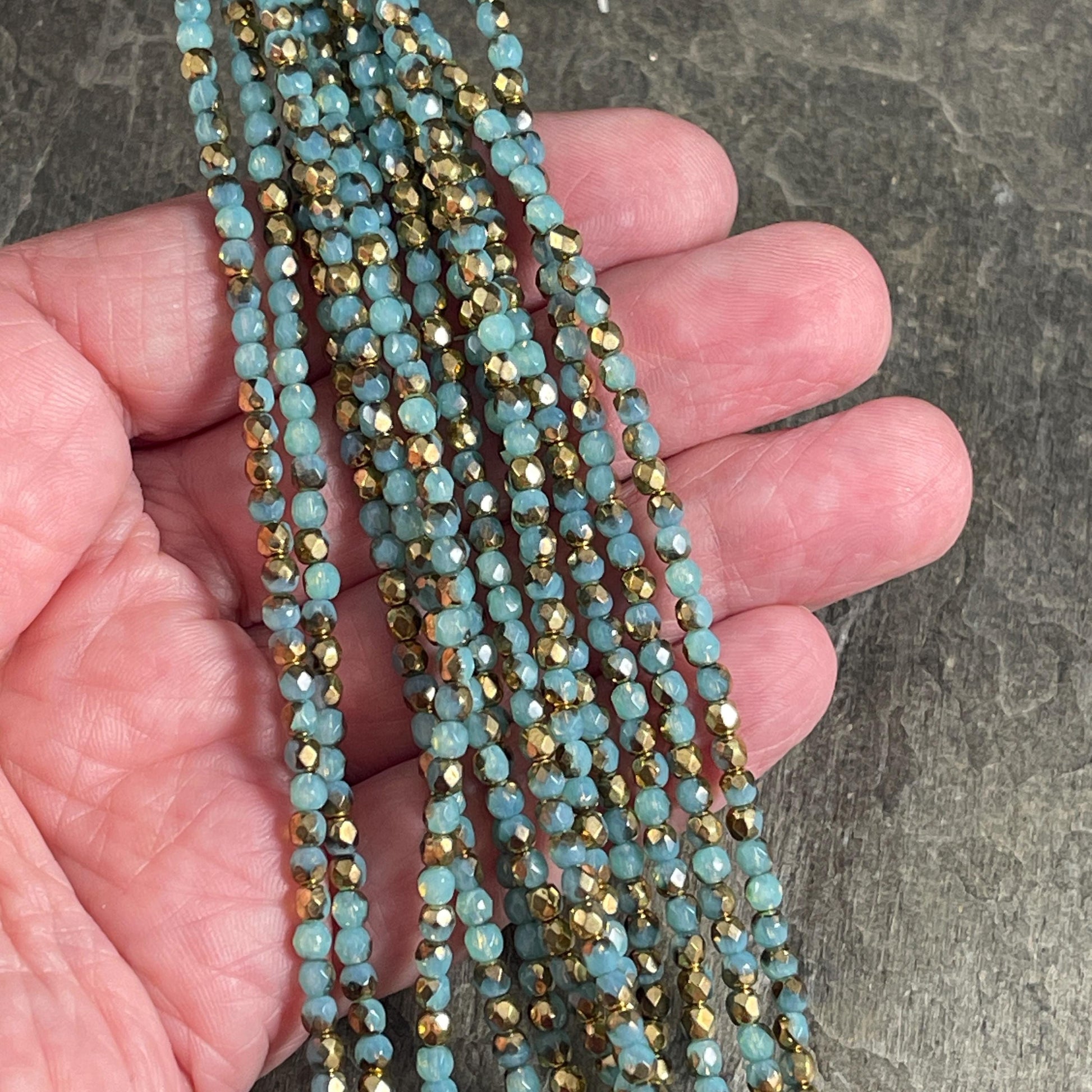 Czech Glass Beads - 3mm Faceted Round, Aqua and Antiqued Gold (FP3/AG) * Qty. 50